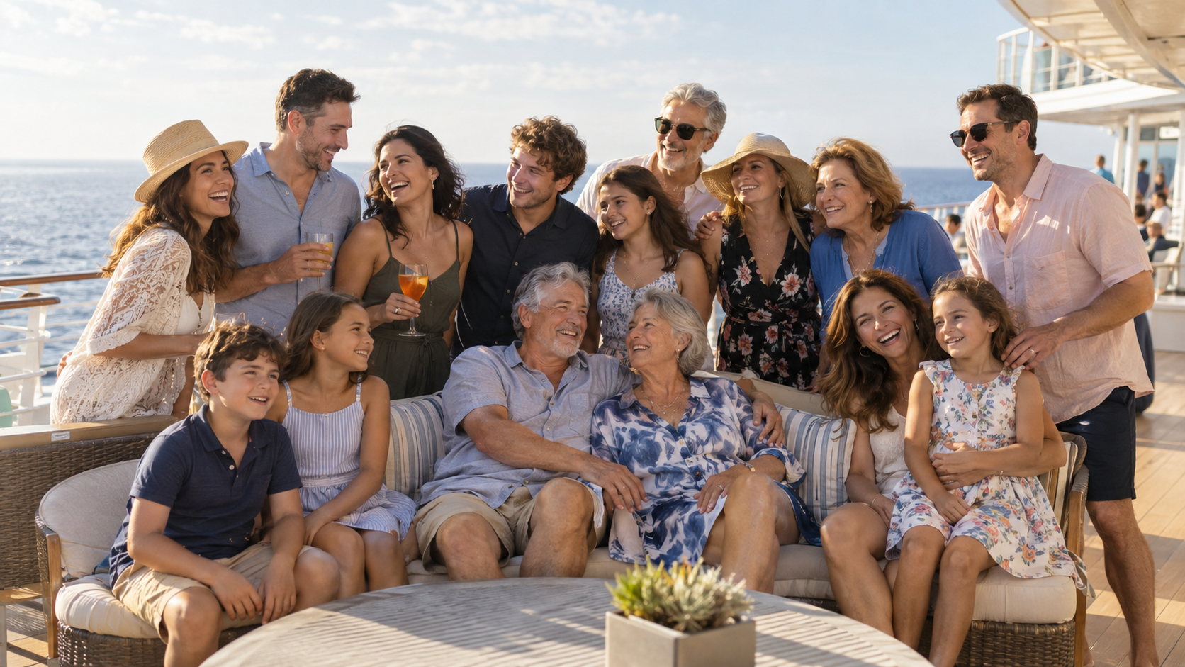 A large multi-generational group enjoying a cruise together